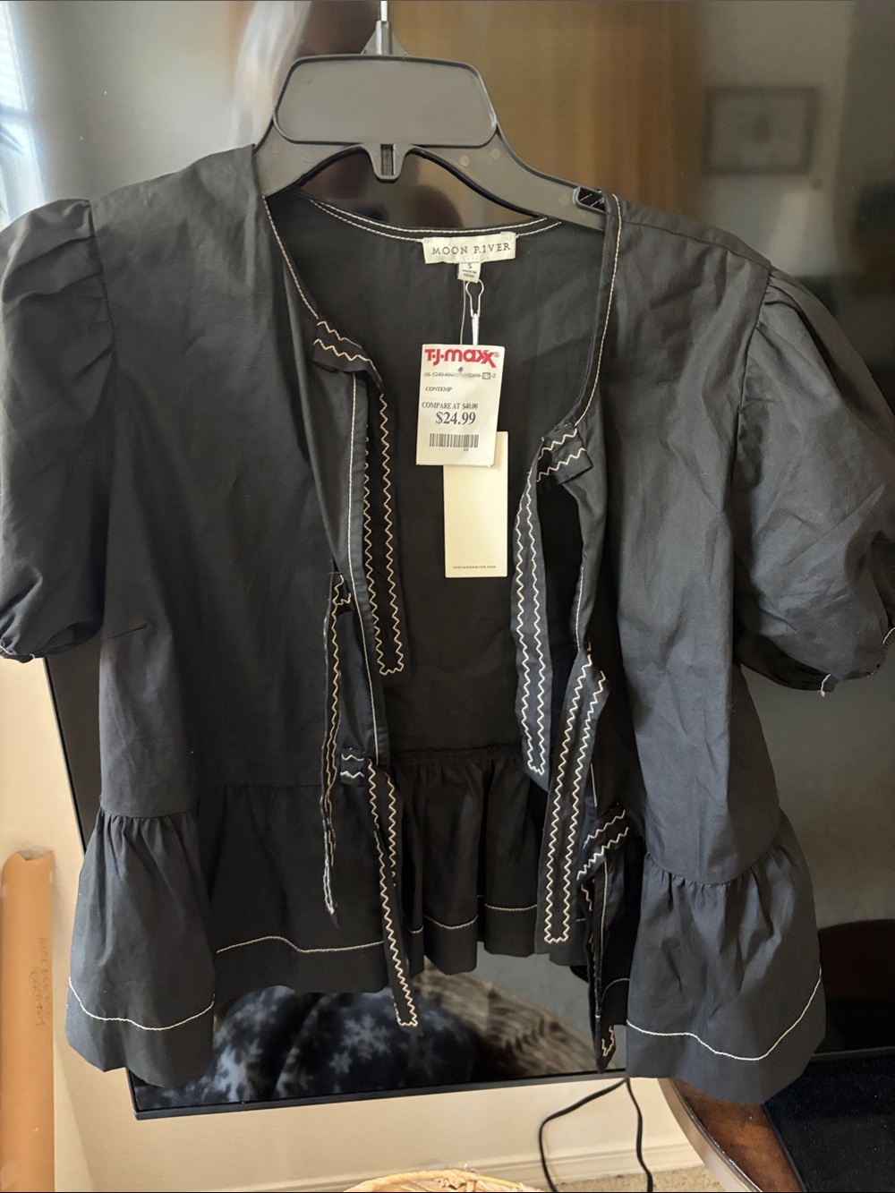 Moon River Black Short-Sleeve Peplum Blouse with Contrast Stitching